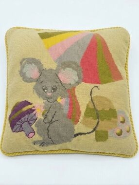 Vintage Needlepointr Cross-Stitch Pillow Mouse Mushrooms